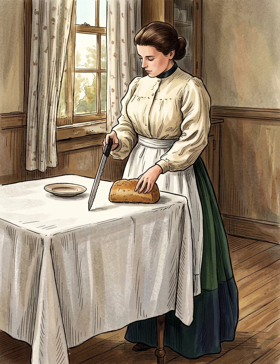 “She paused over the bread ere she cut it.”