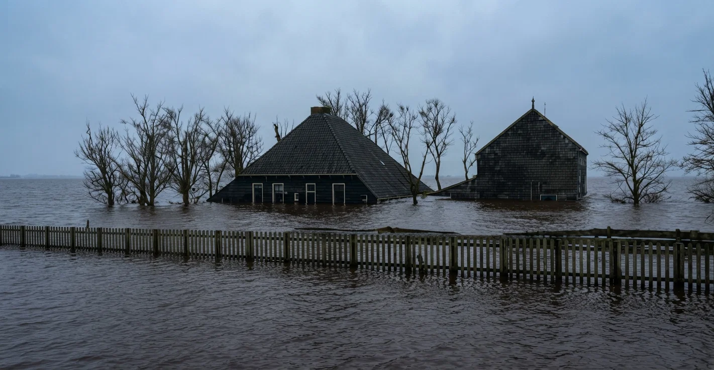 A view of the great flood in Holland. Observe that the water is up to the eaves of the houses.