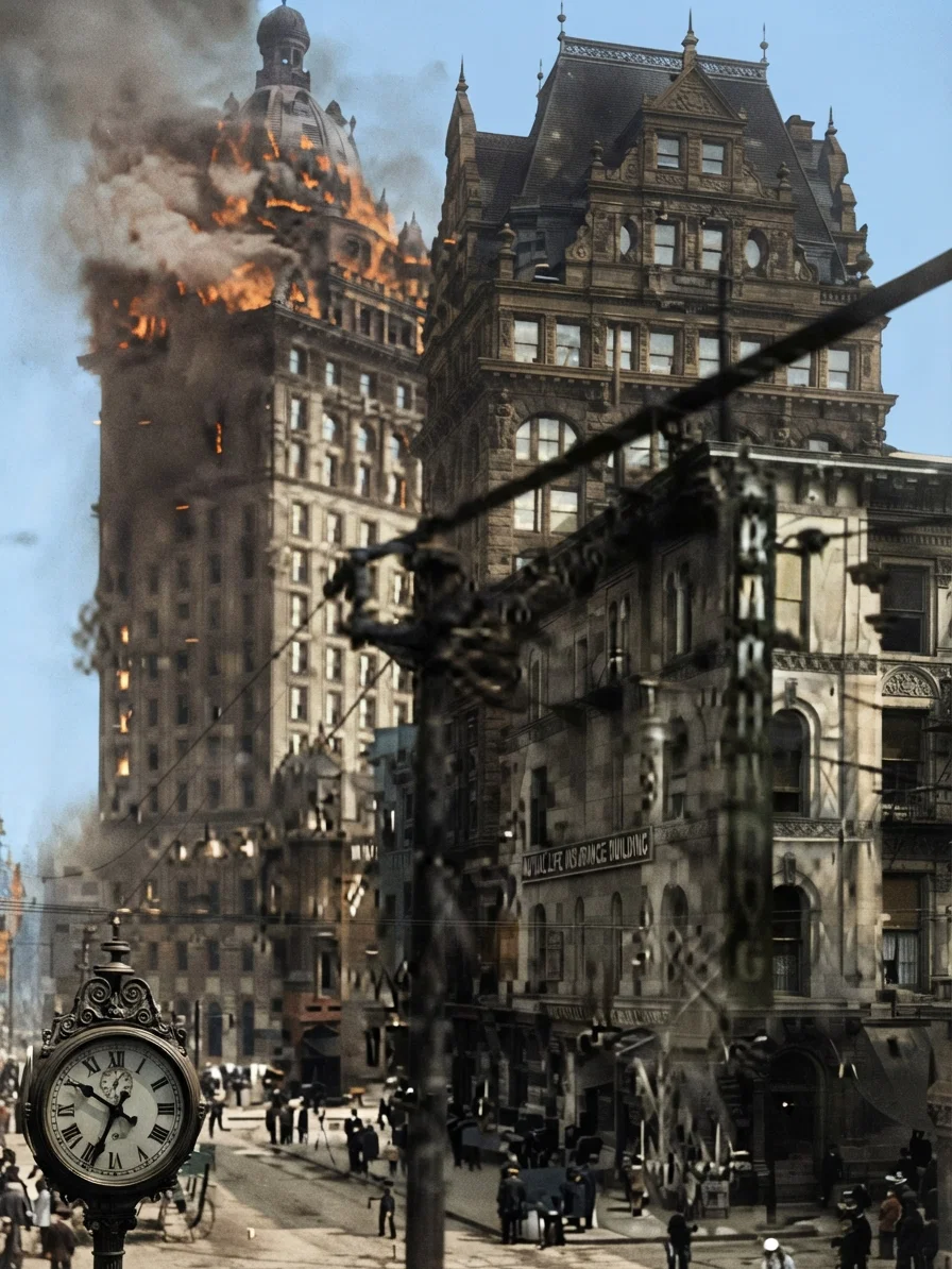 A view of the Call Building burning. The clock in the foreground marks the hour, 10:40 a. m. The structure on this side is the Mutual Life Insurance Building.