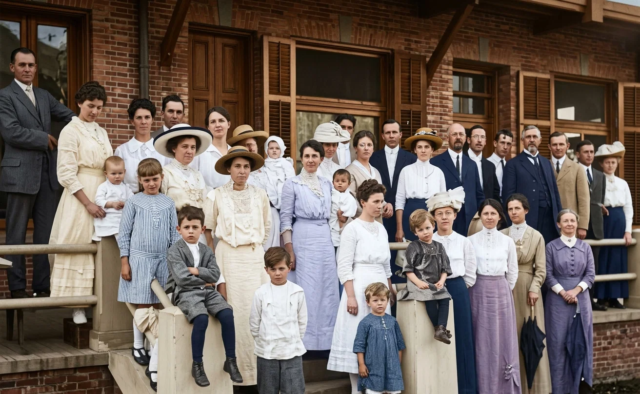 Elder R. C. Porter, superintendent of the Asiatic Division of our work, and his recruits for China, taken on the porch of our publishing house, on their arrival, September 9, 1915. Elder Porter is the fourth from the right in the upper row, and his wife is the first at the right in the front row.