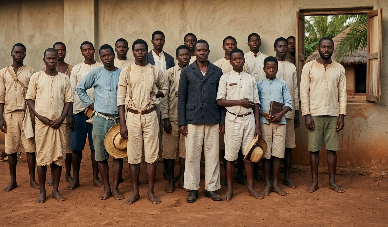 NATIVE TEACHERS, NYASSALAND. THE YOUNG MAN BY THE WALL, AT RIGHT EDGE OF WINDOW, WAS A SLAVE HUNTER BEFORE ENTERING OUR SCHOOL.