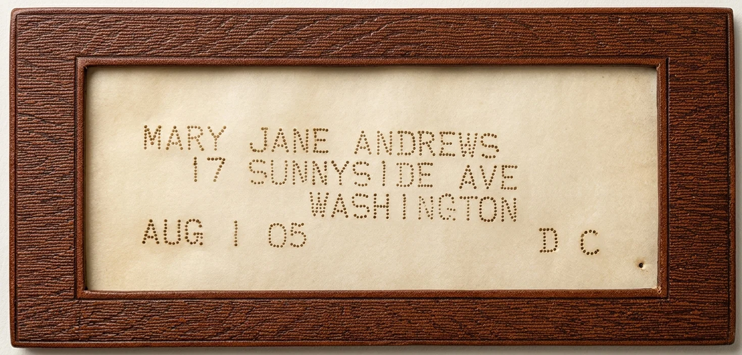 The above is a facsimile of a stencil, and shows its exact size. It consists of a sheet of parchment, mounted on a cardboard frame; the name, address, date, etc., being written by a special perforating typewriter, in the center of the parchment. The stencil is then put into the addressing machine, which prints the name on the wrapper, by forcing the ink through the perforations in the stencil.