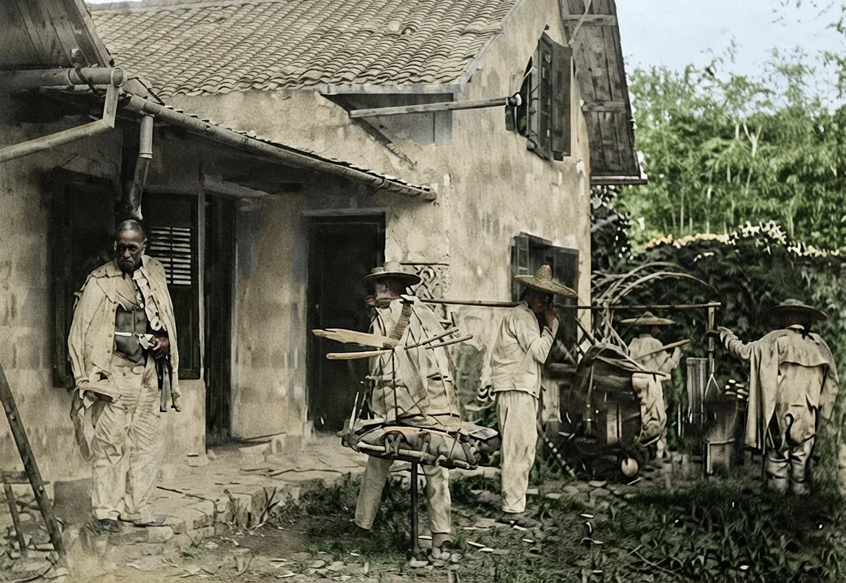 Coolies starting out with our baggage when we left the mountain. The poles they use are split bamboo, very strong and springy. This shows the house where Brother and Sister Roberts and ourselves lived this summer.