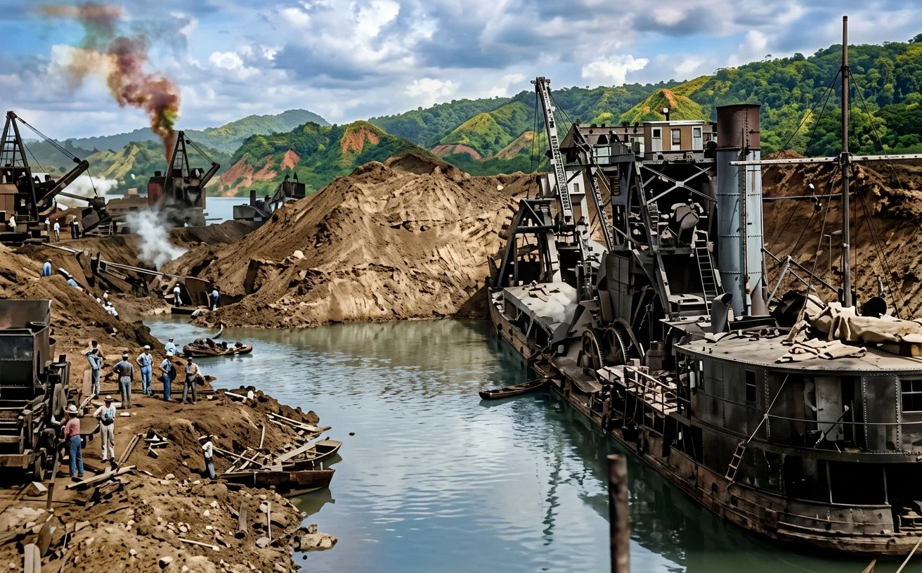 Giant dredgers working to clear away the great slide in the Culebra Cut, Panama Canal.