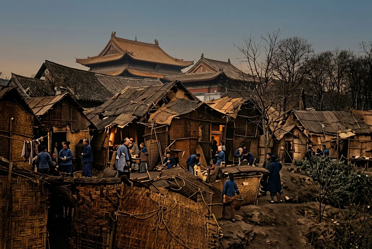 SCENE AMONG THE MAT SHEDS, HANKAU, CHINA