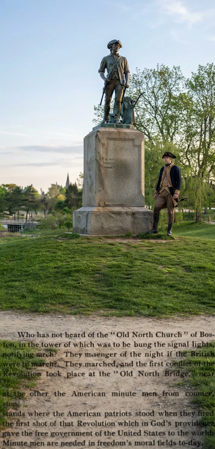 The Minute Man. Who has not heard of the "Old North Church" of Boston, in the tower of which was to be hung the signal lights, notifying that brave messenger of the night if the British were to march? They marched, and the first conflict of the Revolution took place at the "Old North Bridge," near Concord. At one end of the bridge stood the British troops; at the other the American minute men from counter, shop, and farm. The above statue of "The Minute Man" stands where the American patriots stood when they fired the first shot of that Revolution which in God's providence gave the free government of the United States to the world. Minute men are needed in freedom's moral fields to-day.