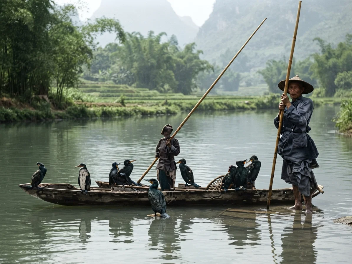 A fisherman with his flock of trained cormorants