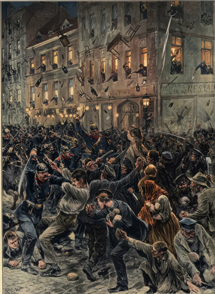 Photograph of a scene of rioting in Berlin, Germany, one of the strongest military countries in the world, and one of the best policed cities