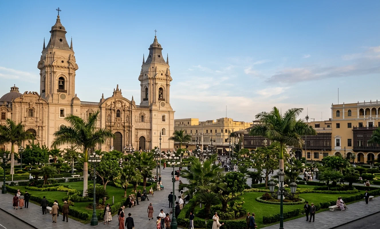 The famous cathedral
of Lima, Peru, facing
the Plaza de Armas,
the center of the city.
The old cathedral was
started in 1535, conse-
crated in 1625, practi-
cally razed by a great
earthquake in 1746. It
was rebuilt in 1758. It
has double aisles and
ten richly decorated
chapels, in one of
which rests the remains
of Francisco Pizarro,
conqueror of Peru.
