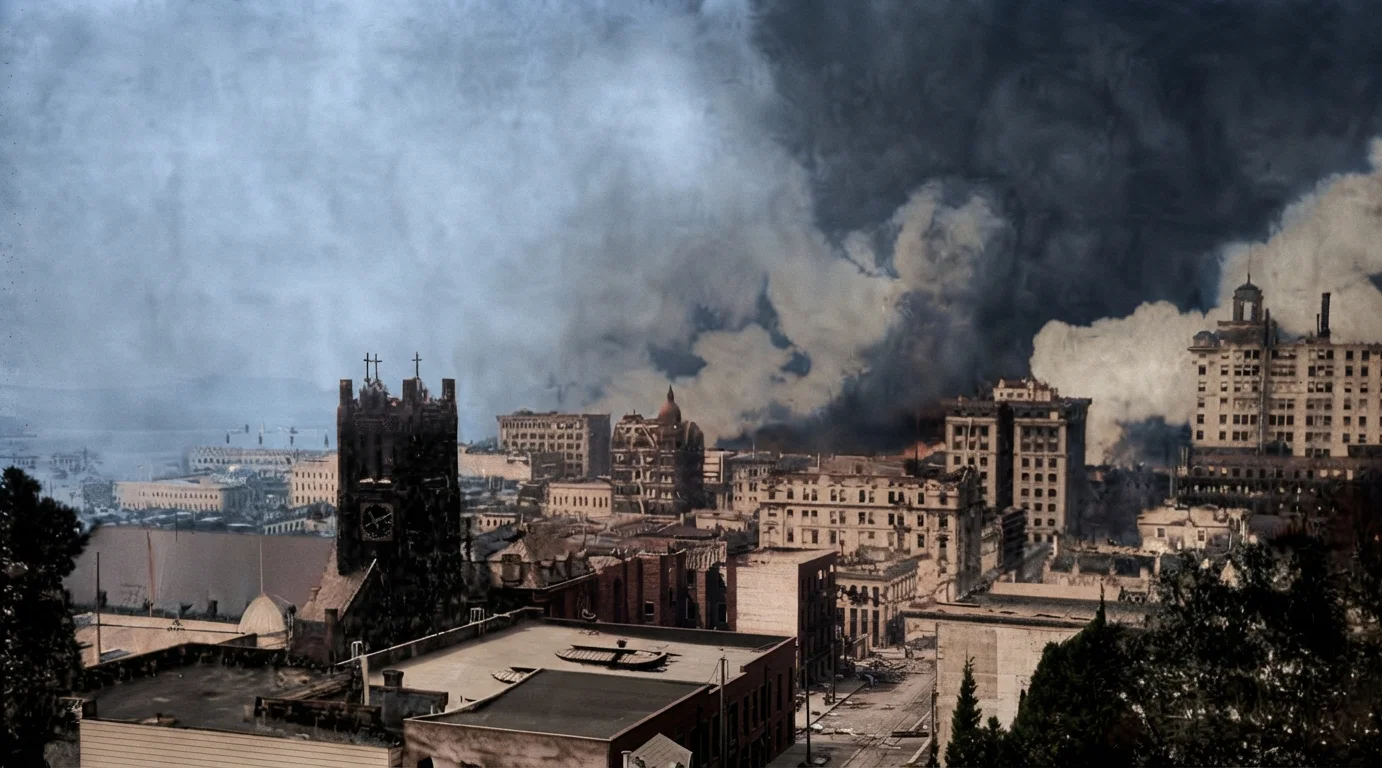 Looking down California Street toward the Ferries from Nob Hill, April 18. The dark clock tower in the foreground is that of St. Mary's Church. The clock was thrown down by the earthquake, but the inscription still remains, "Son, observe the time, and fly from evil." Ecclesiasticus 4:20. The square building beyond with the dome is the Pacific Mutual. The high double structure is the Kohl (Hayward) Building; the one at the right, the Merchants' Exchange.