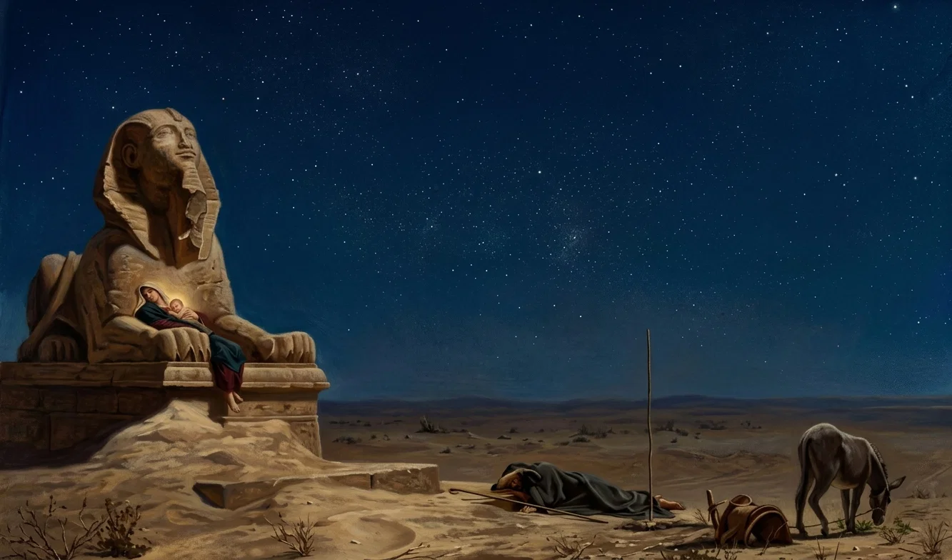 REST IN EGYPT. The genius of the artist has provided us an illustration typifying the protecting care of Heaven toward the seed of Abraham, by showing the infant Jesus, with His mother, resting within the arms of the sphinx—a fitting symbol of Egypt—while hiding in that country from Herod’s wrath.