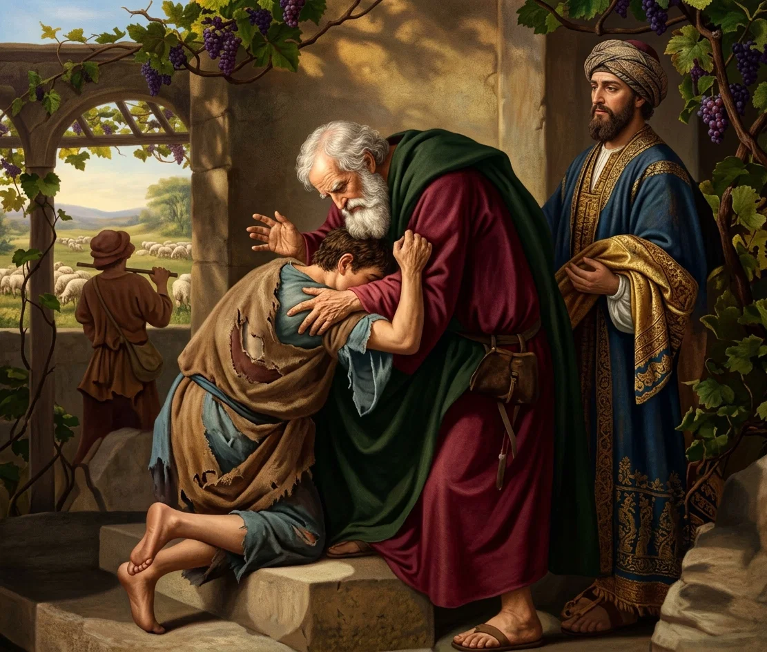 “The father holds him close to his side.”