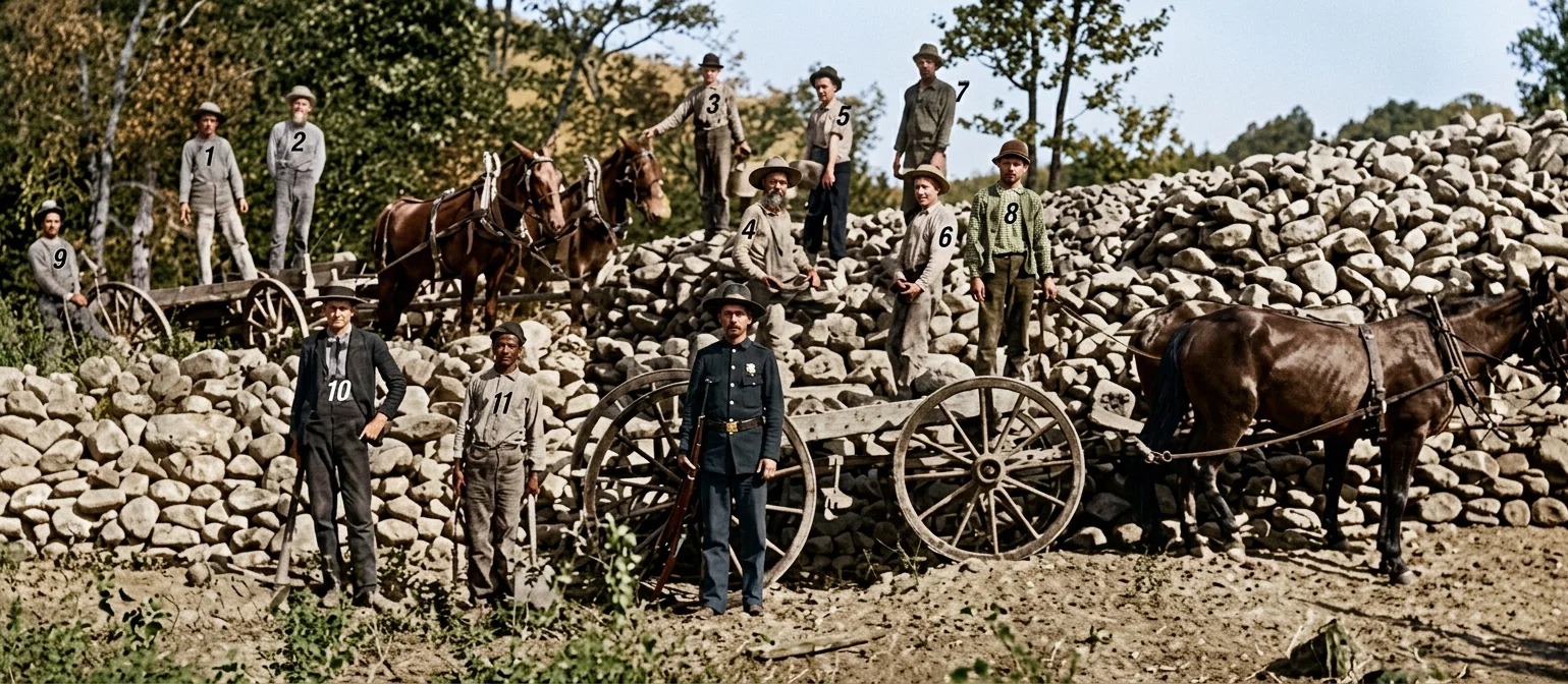 Photograph of men working in the chain-gang in our free and liberty-loving America. Some are Seventh-day Adventists, and their only crime was that of working on Sunday after they had conscientiously kept Saturday, the seventh-day Sabbath of the Bible. Nos. 1-7 are Sabbath-keeping Christians; 8, teamster; 9-11, common criminals; 12, guard with gun.