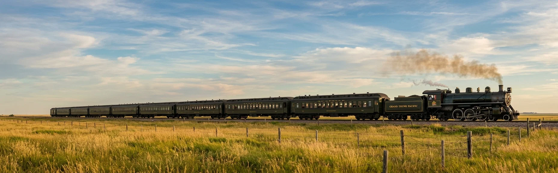 “WEST OF EDMONTON”—GRAND TRUNK PACIFIC TRAIN ON THE PLAINS OF THE FAR CANADIAN NORTHWEST