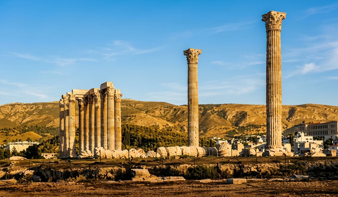 Temple of Zeus Olympus (Olympieion). Familiarly spoken of by the Greeks as “The Columns.” Here was held the great mass-meeting of the trades unions, students, and populace.