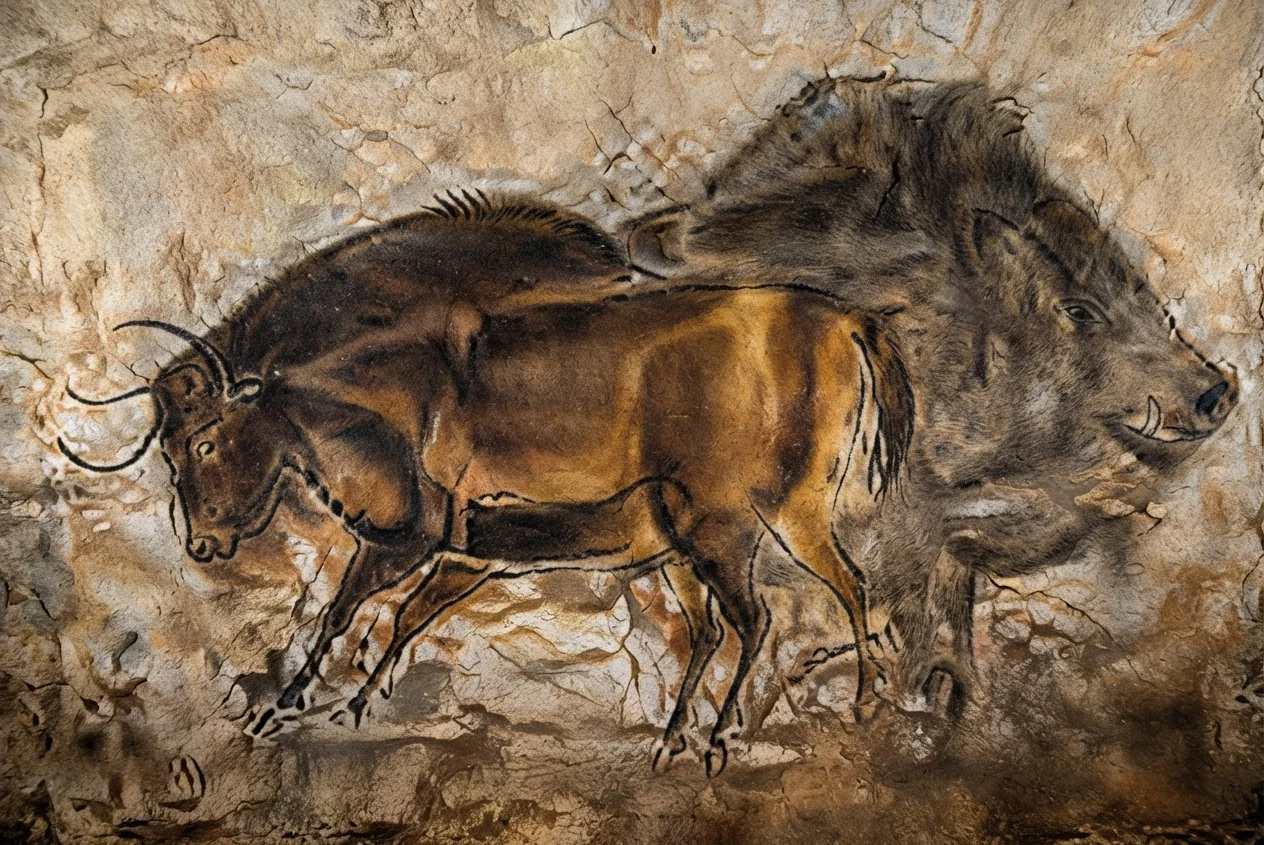 Three animals, one on the other,—an ox to the left, a horse over the top of a boar's head at the right