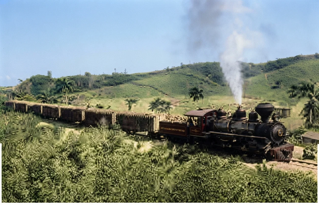 Compound Locomotive of American Railroad Company Drawing Train Loaded with Sugar, Porto Rico.