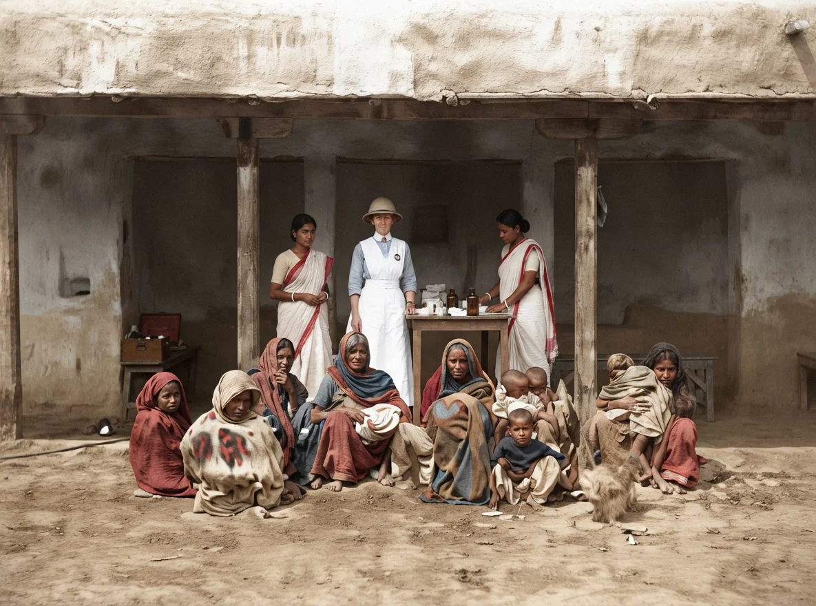 Our dispensary at Lucknow. Some of the patients may be seen in the foreground. In the back are Dr. Shryock and her two Bengali assistants.