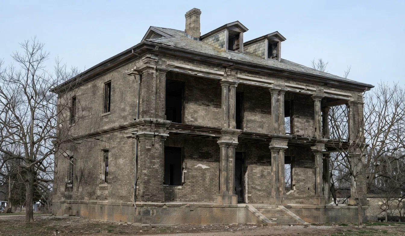 A foreign residence in Nanking stripped by the hungry, starving mobs. Everything inside and outside which could be taken for use as fuel was carried away, including all the doors, windows, and window casings.