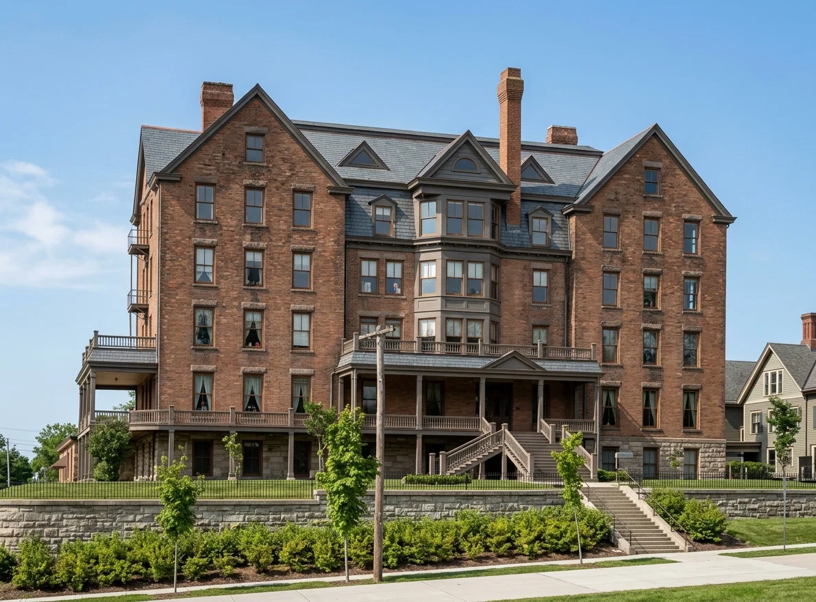 EAST HALL.—FORMERLY OCCUPIED AS A NURSES' DORMITORY. WILL ACCOMMODATE FROM ONE HUNDRED AND FIFTY TO TWO HUNDRED PATIENTS. EXTENSIVE BATH ROOMS ARE BEING FITTED UP IN THE BASEMENT.