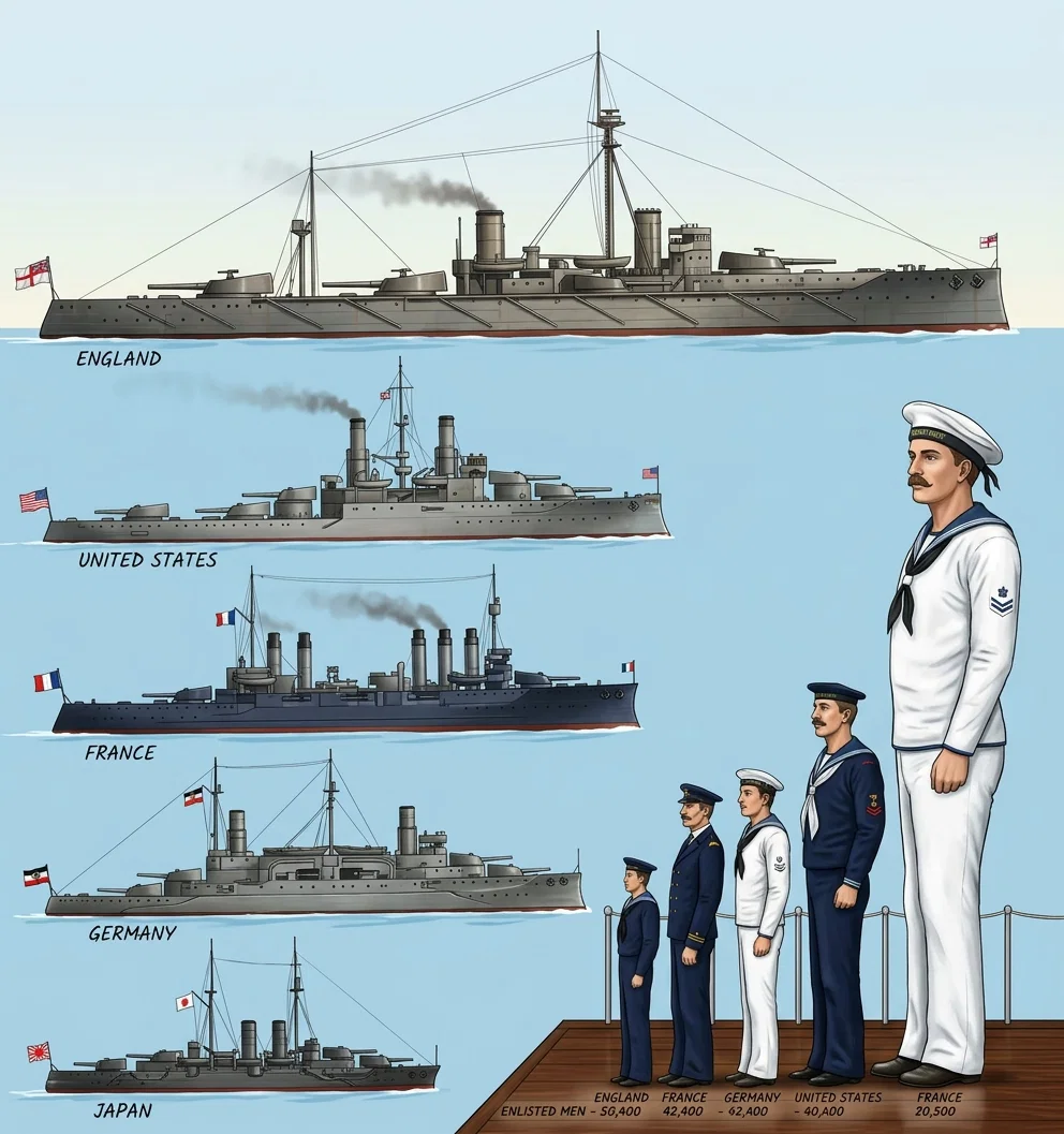 Comparative strength of leading naval powers in ships and enlisted men as it was about a year ago. England had in ships, 1,633,116 tons; while Germany had 529,032 tons. England had 98,973 enlisted men, and Germany 42,400. England wishes to keep more than twice the war strength of Germany. It is fear of Germany's changing this comparative strength that has caused the present agitation in England.
