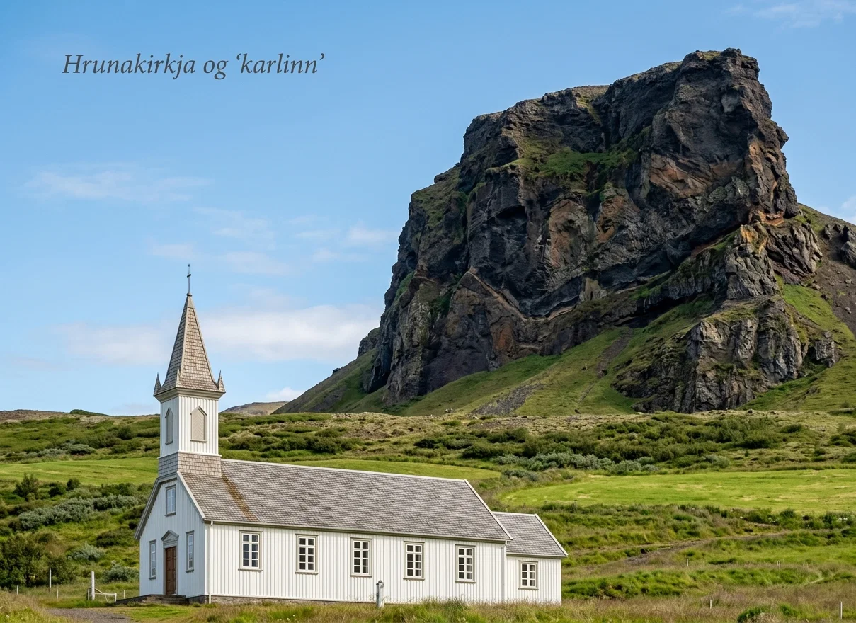 THE CHURCH (NOT OURS) AT HRUNA, AND VIEW OF THE ROCK "OLD MAN," AT RIGHT