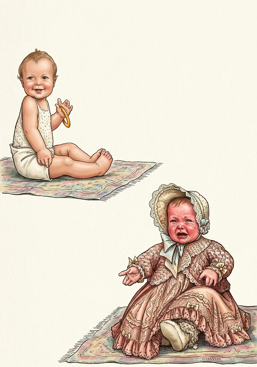 COMFORT vs LOOKS
IS YOUR BABY HAPPY IN HOT WEATHER?
If not—you’re to blame.

THIS LITTLE TOT IS
COMFORTABLE AND HAPPY
WHEN THE SUMMER DAYS ARE HOT
HE IS DRESSED RIGHT
TO STAND THE HEAT.

THIS UNHAPPY LITTLE CODGER
IS ALL FUSSED UP AND AS A
RESULT HE IS HOT
AND UNCOMFORTABLE
HE IS DRESSED WRONG
FOR HOT DAYS.

DON’T DRESS YOUR BABY TO
MAKE A GOOD SHOW OF
HIM—DRESS HIM TO
KEEP HIM COMFORTABLE
AND HAPPY.