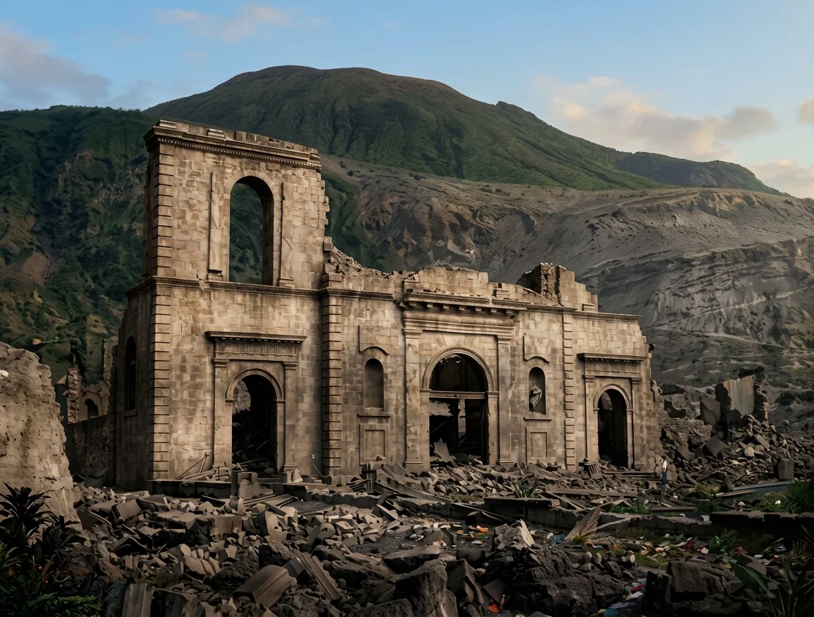 A VIEW OF THE ONCE MAGNIFICENT CATHEDRAL OF ST. PIERRE AFTER THE VOLCANIC ERUPTION.