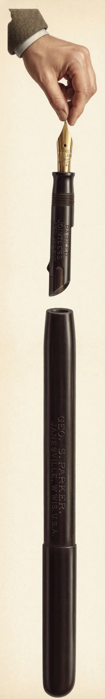 THE JOINTLESS, LUCKY CURVE GEO. S. PARKER FOUNTAIN PEN THE SUCCESS OF THE PEN AGE.