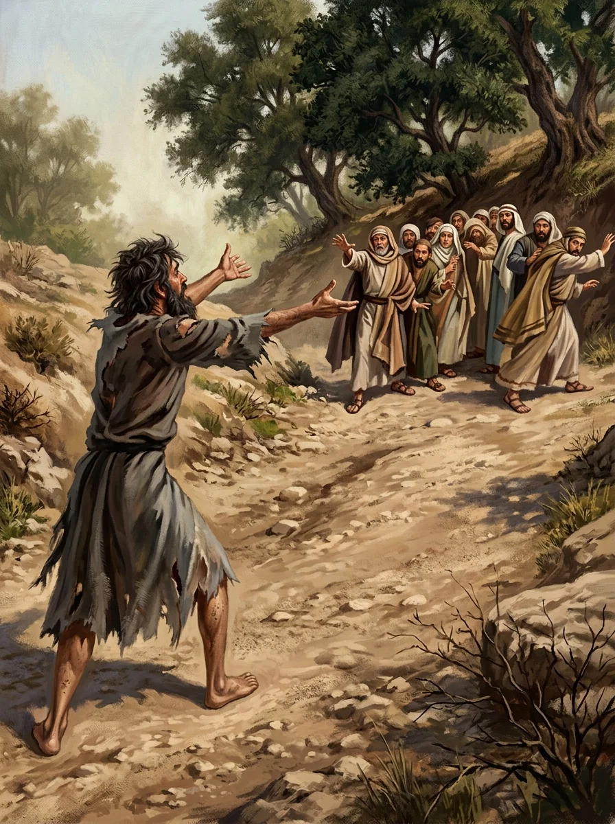 “At sight of him the people fall back. Some try to prevent him from approaching Jesus, but in vain.”