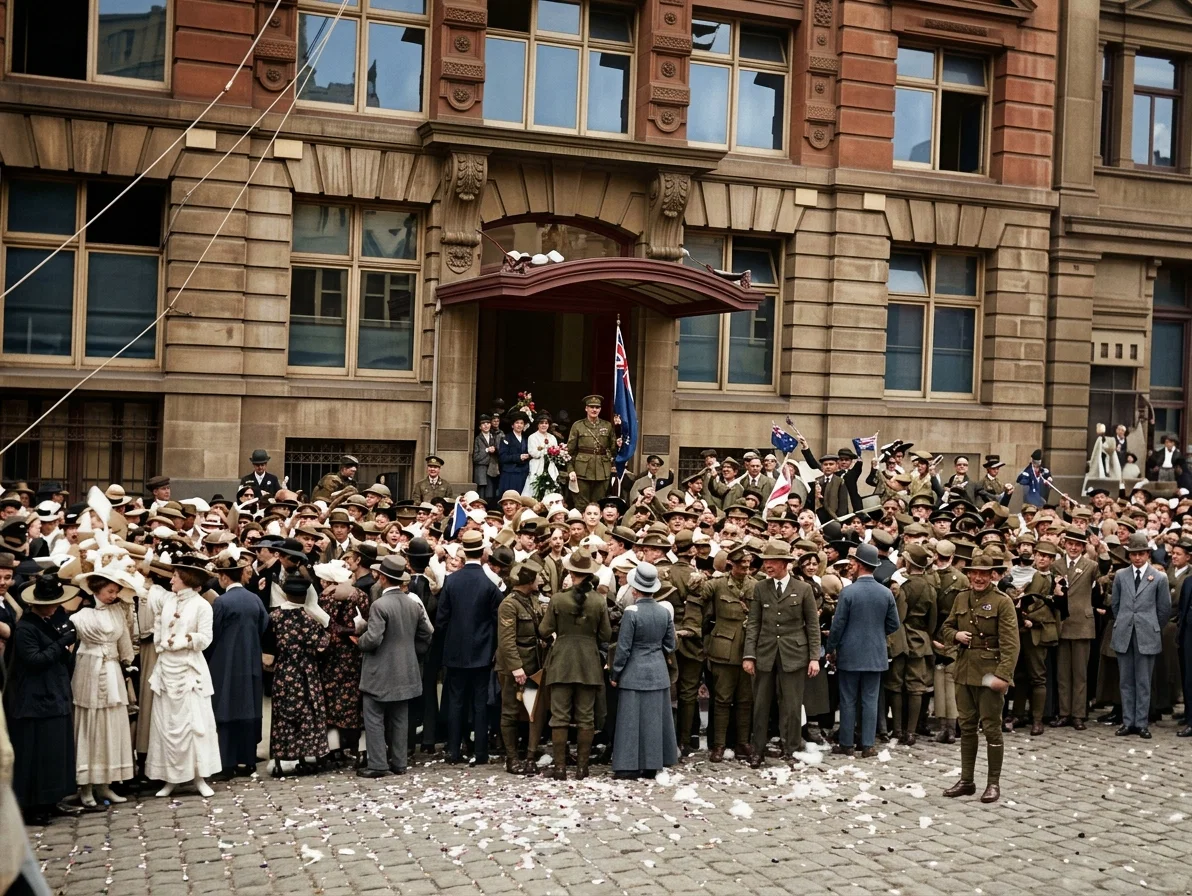 Pathe Photo.
CELEBRATING THE ARRIVAL OF THE LAST BATCH OF A.I.F.
RETURNED MEN AT MELBOURNE