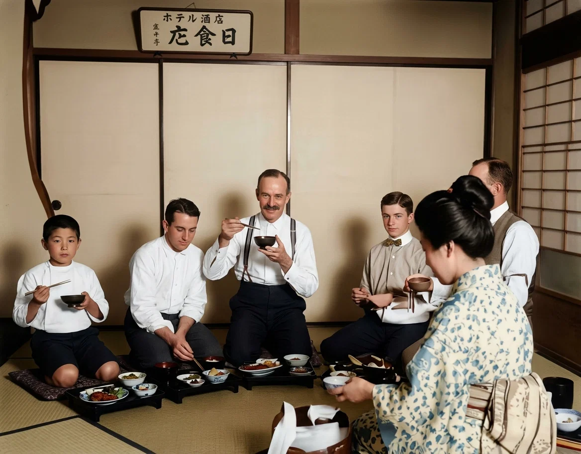 W. D. BURDEN AND FAMILY (JAPAN) TAKING DINNER AT A HOTEL