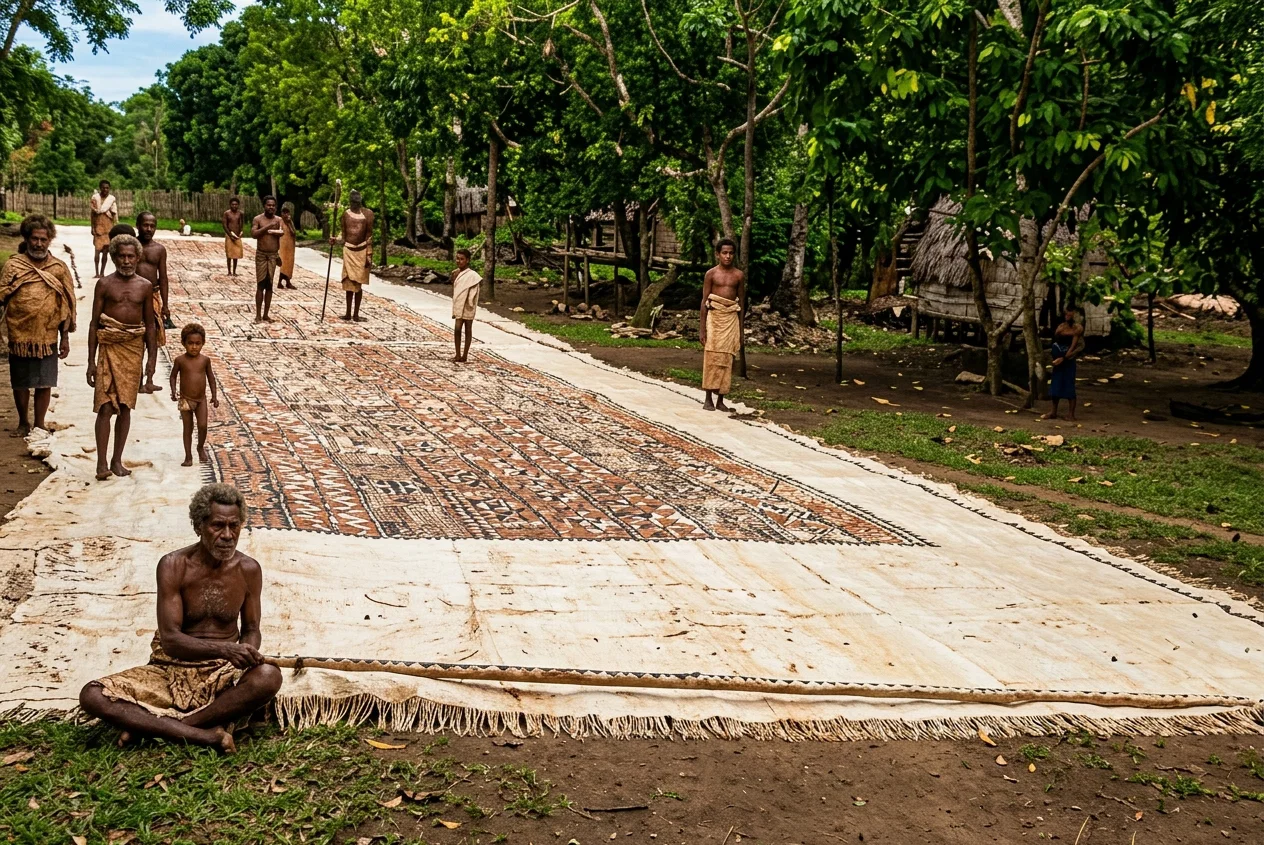 A Piece of Native Cloth Spread Out, 18x75 Feet, Made of the Bark of Trees.