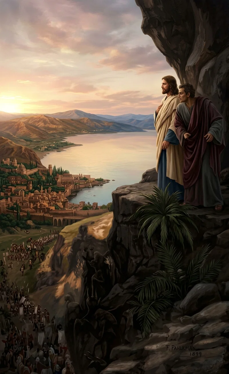CHRIST AND SATAN ON THE MOUNTAIN
“Satan caused the kingdoms of the world, in all their glory, to pass in panoramic view before Him.”