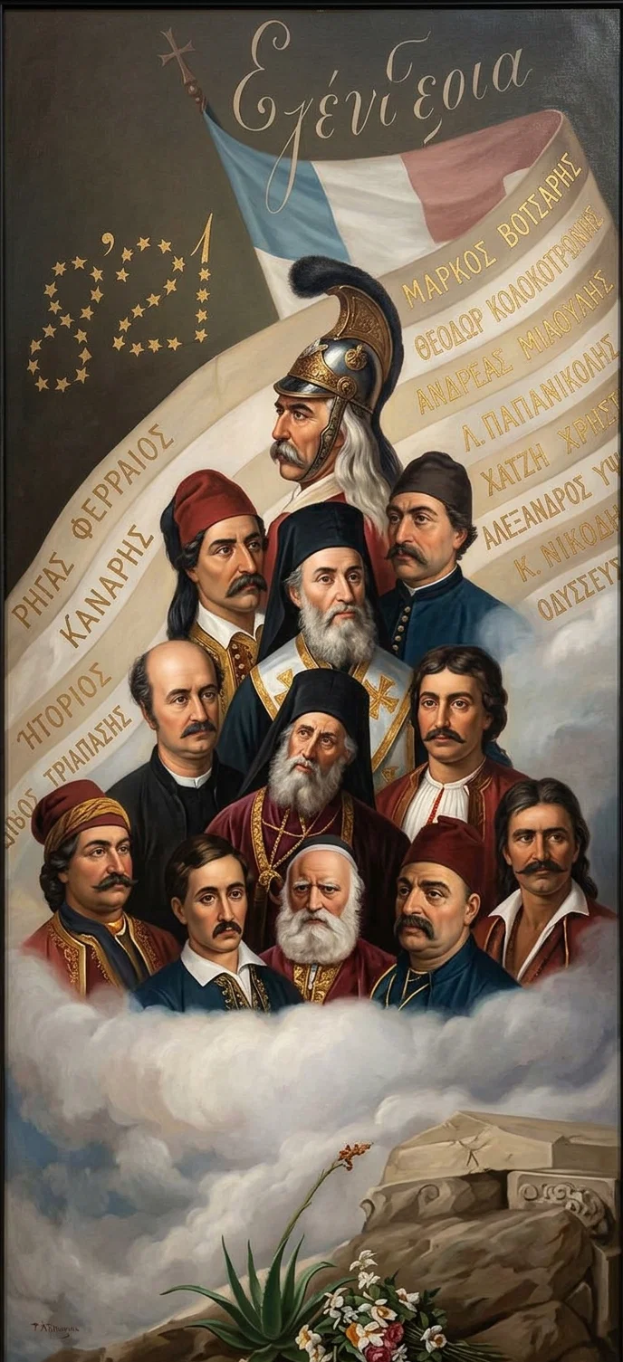 Heroes of the Revolution. At the top is General Kolokotrones. First below him, to the left, Marco Bozzaris. In the center, Patriarch Gregory V, murdered by janizaries.