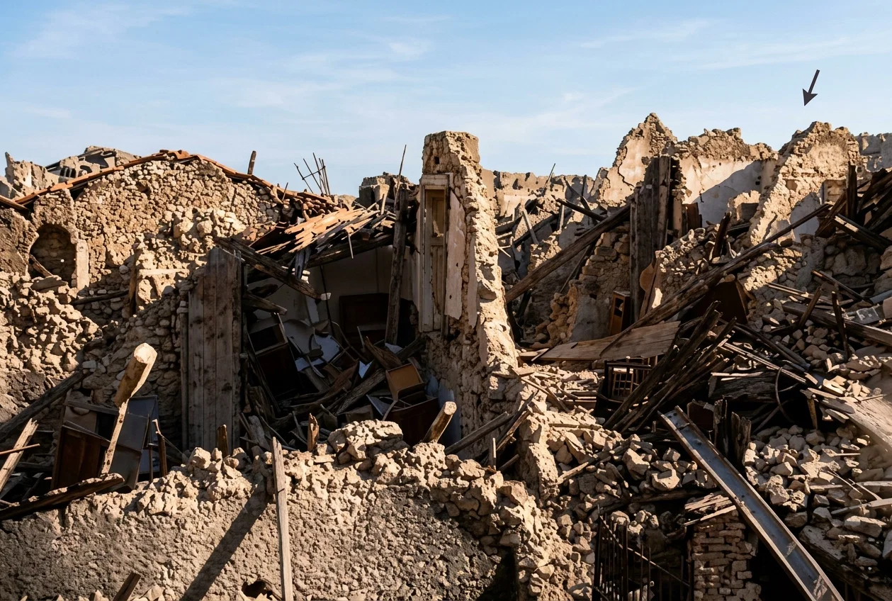 Ruin Wrought by the Earthquake January 13, 1915, in Avezzano, Italy
The scene is in what was formerly the main street, and is an indication of how completely the town was demolished. The arrow indicates a spot where forty people perished.