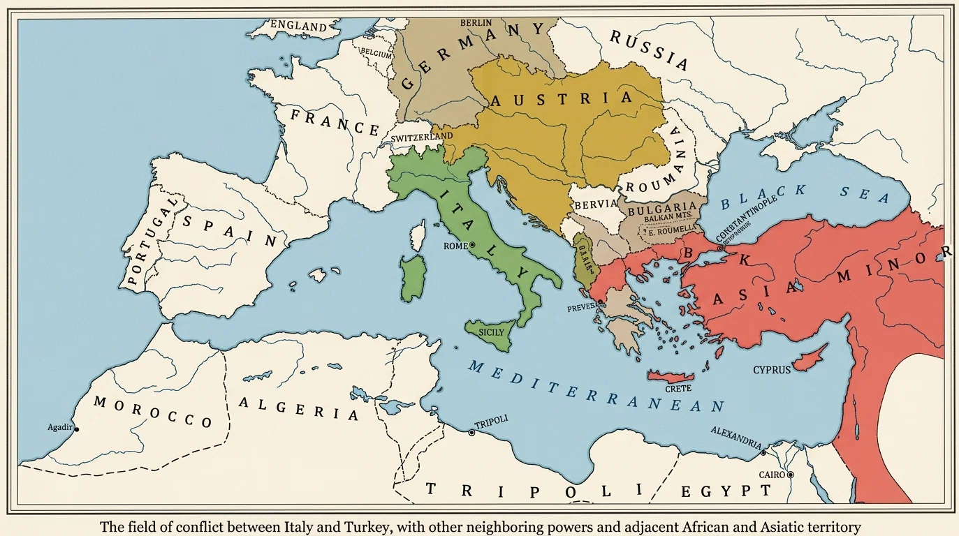 The field of conflict between Italy and Turkey, with other neighboring powers and adjacent African and Asiatic territory