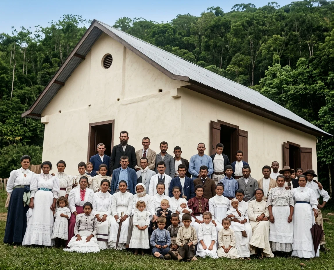 CHURCH-MEMBERS AND BUILDING AT MANTEIGA, BRAZIL