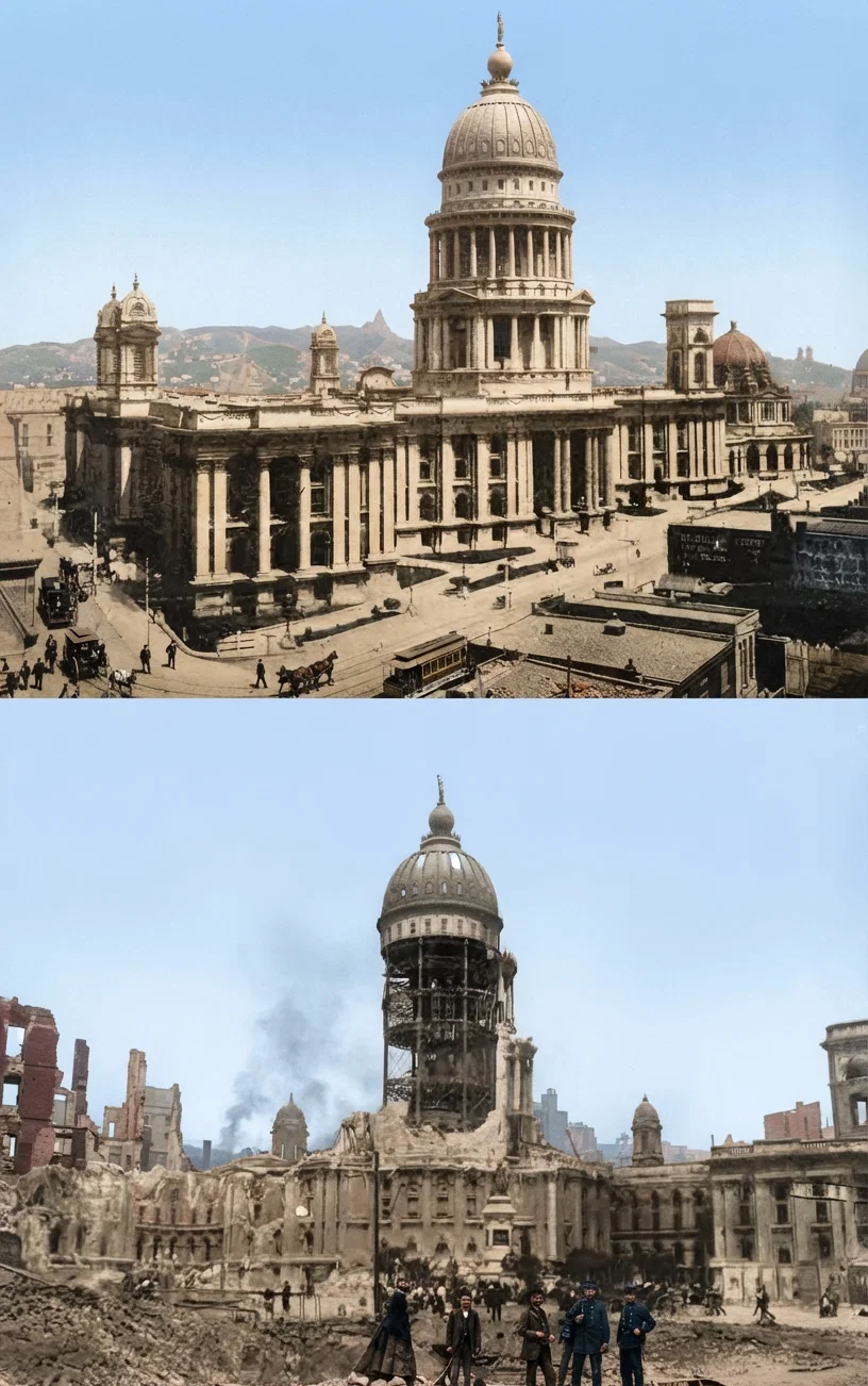 San Francisco's magnificent City Hall, which cost six million dollars, as it appeared before the Earthquake. The lower picture shows it in ruins.
