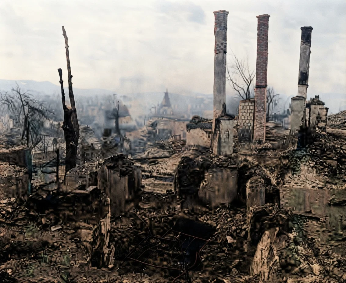 Boston Photo News Company. Town of Shawle, in the eastern battle field, showing the condition in which the country was left by the retreating Russian army. The broken hearts, the ruined lives, the sighs and the groans of the populace, cannot show in this photograph, but it does graphically present the physical side of the destructiveness of war. In what marked contrast to this sorrow- and anguish-producing destructiveness are the principles and practice of divine love set forth in the accompanying article.