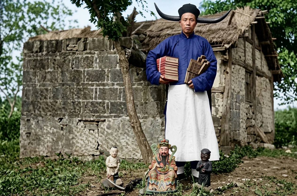 A former Taoist priest, and the shrine where he often officiated before learning to love Jesus. The center idol is the village god, and those on the right and left are the gods of rain and wind, respectively.