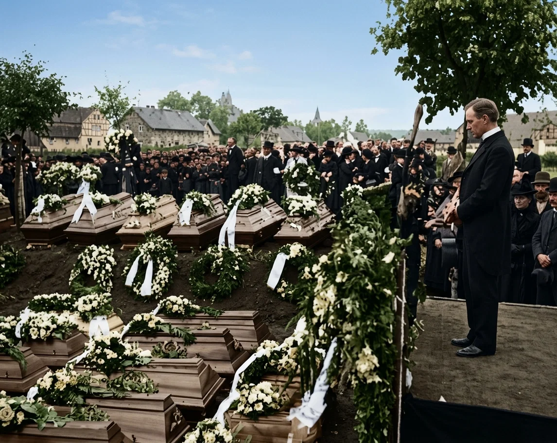 The tragic sight of the burial of some of the 157 ill-fated miners who were killed when an explosion occurred in the shaft of the Winzeslaus Mine in which they were working, at Hausdorf-on-the-Neurode, Germany.