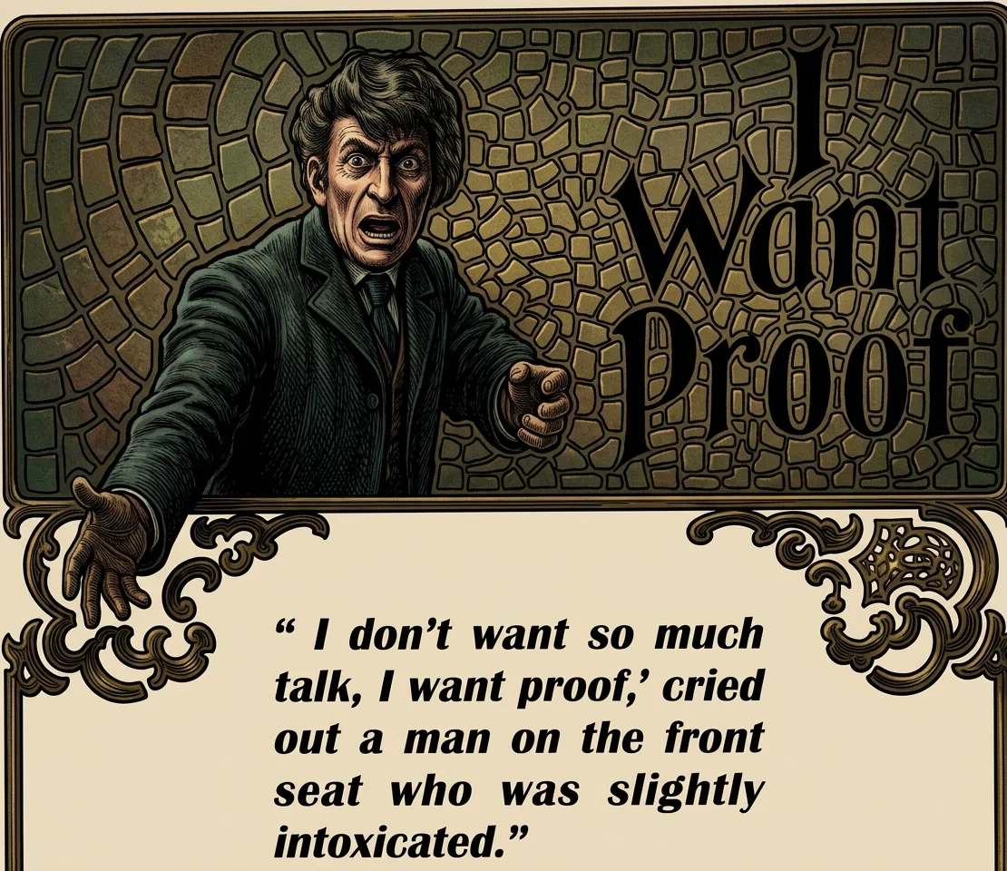 “I don't want so much talk, I want proof,” cried out a man on the front seat who was slightly intoxicated.”