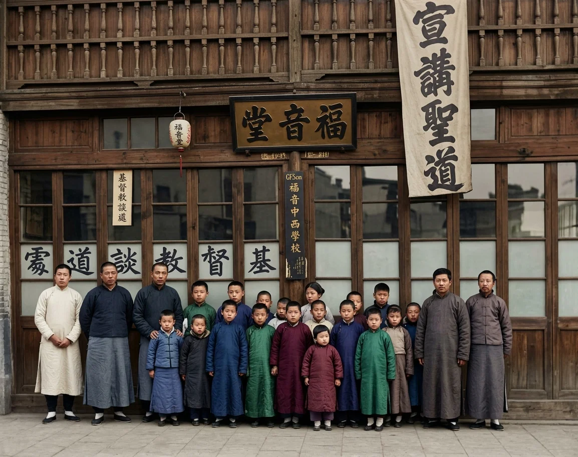 SHANGHAI CHURCH SCHOOL, TAKEN IN FRONT OF ONE OF OUR CHAPELS
The man on the left is the gatekeeper. The next two are our native evangelists.
The two at the right are school teachers.