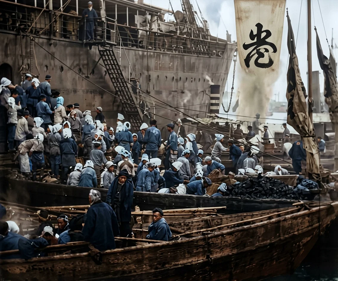 Coaling the China at Nagasaki, Japan, by hand, placing 4,500 tons of coal on the ship in 15 hours, while in coaling at San Francisco, it took the steam shovel 10 hours to deposit 650 tons. Reducing it to the same number of hours, the steam shovel placed 650 tons, the Japanese coolies 3,000 tons.
