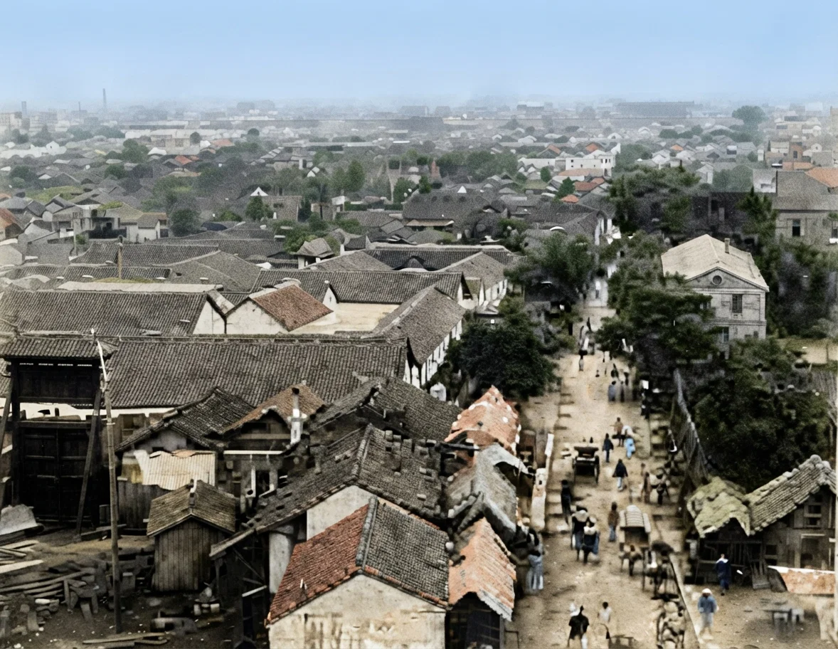 4. View of Nanking city from the Drum Tower. The dim streak in the distance is the city wall some five miles away.