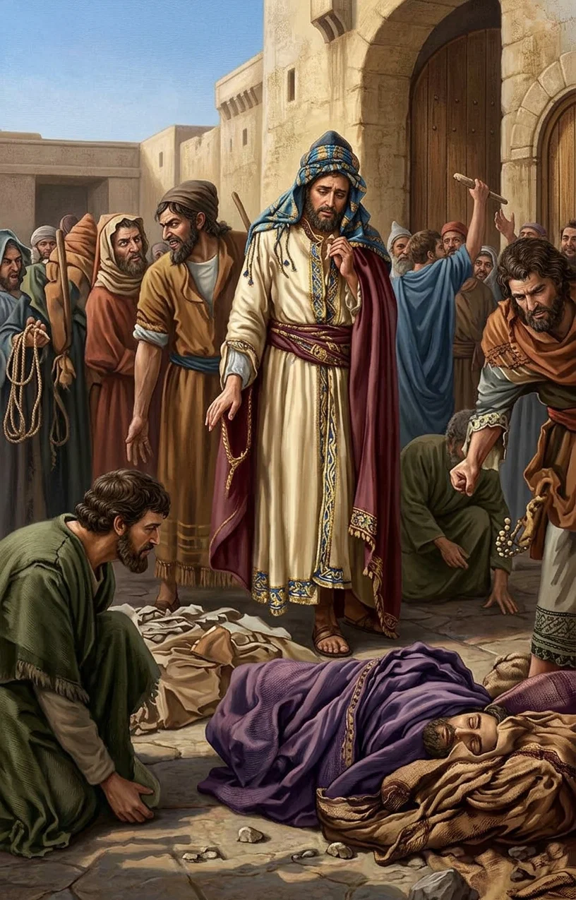The artist's conception of the death of Stephen. His murderers still stand by with malignant attitude; the “devout men” are coming to give him honorable burial.