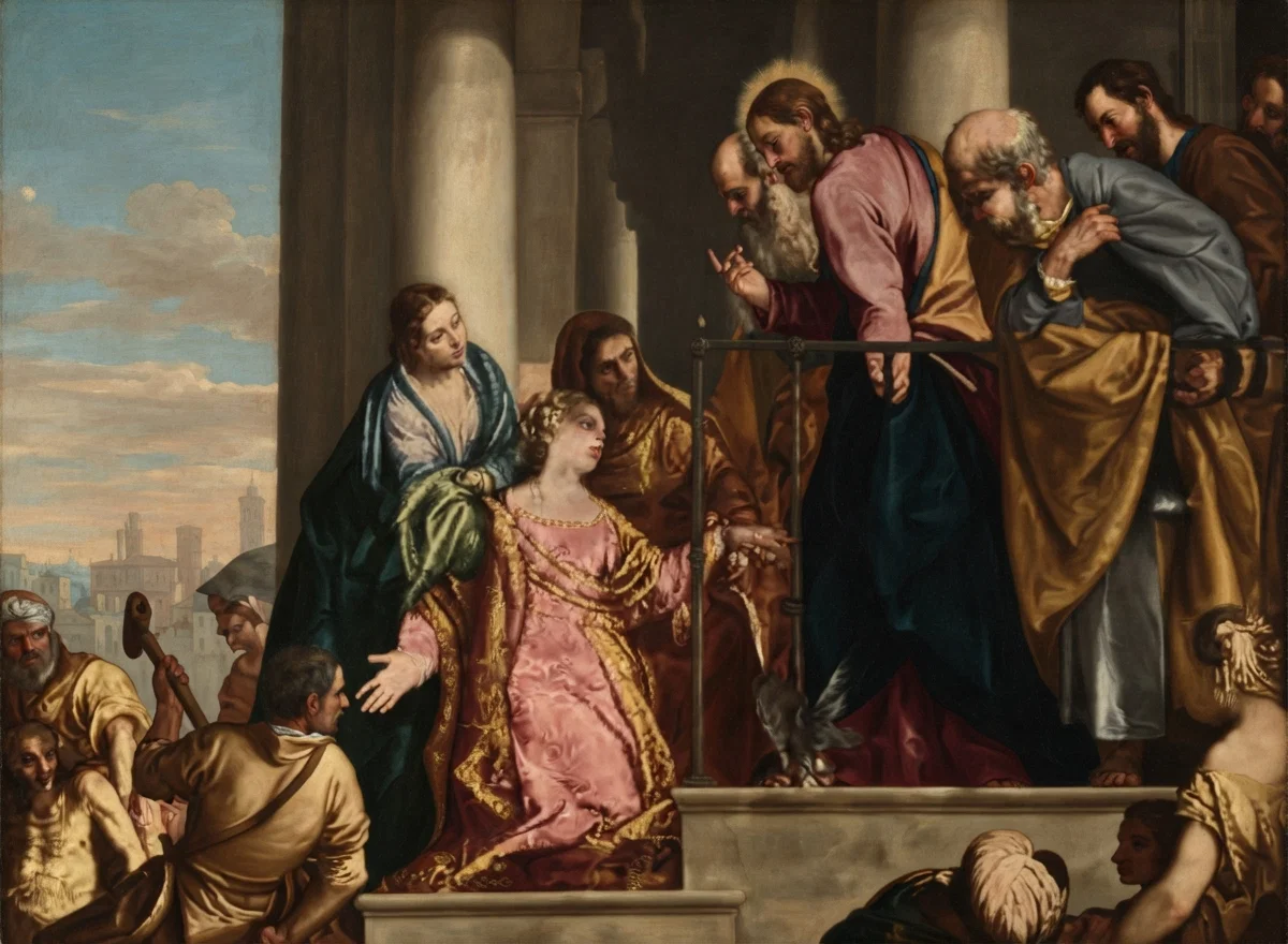 The healing of the woman who touched the hem of Jesus' garment. The artist, Paolo Veronese, here represents her as healed and well, confessing her faith and the Master's power.