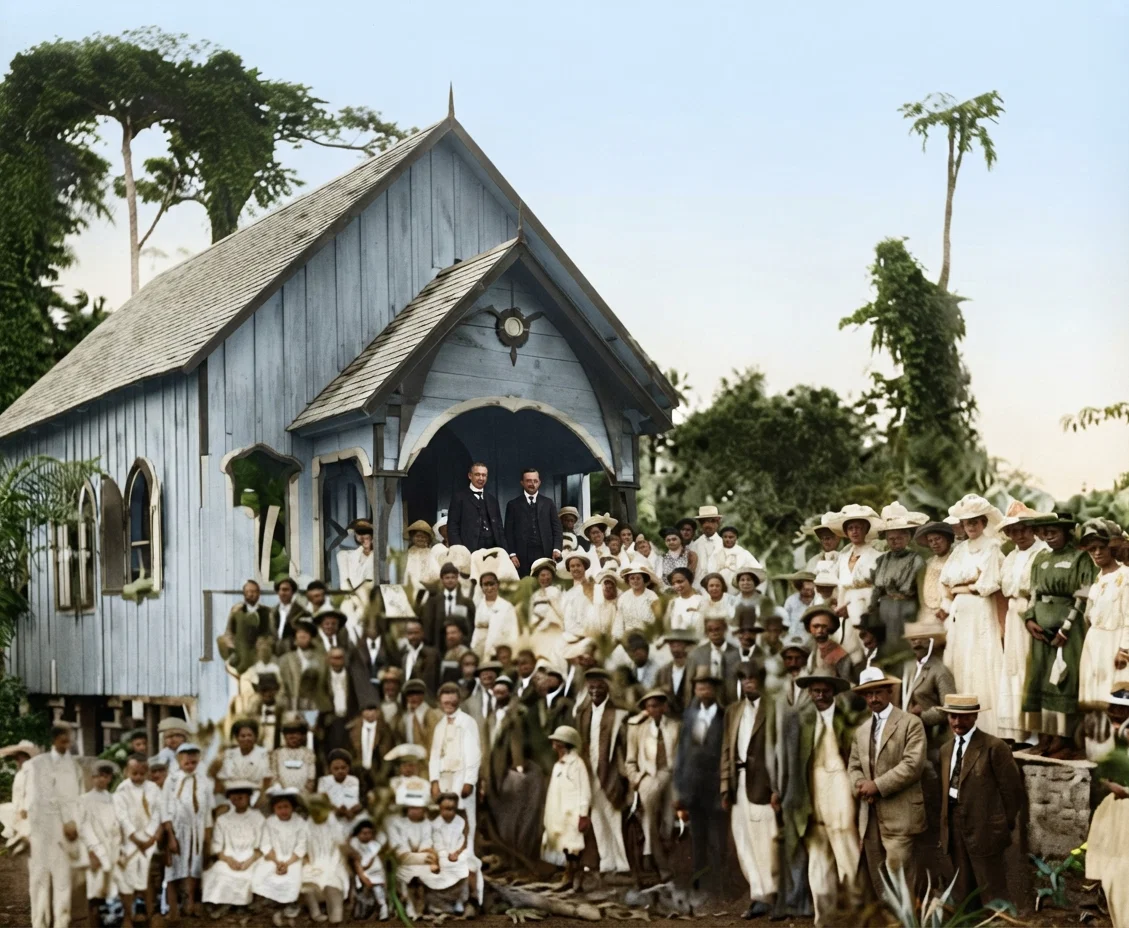 Dedication of a church forty miles interior from Bocas del Toro, Panama. The United Fruit Company ran a special train to accommodate those who wished to attend the service. The president of the conference, Elder H. C. Goodrich, and the minister who raised up the church, are standing in the entrance.