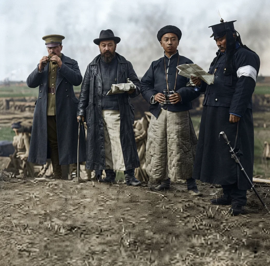 General Li, the rebel commander, and his staff on the battle-field at Hankow, directing operations. Note the white band on his sleeve - the revolutionary mark.